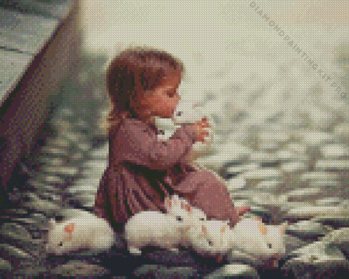 Little Girl With White Rabbits Diamond Painting