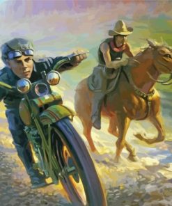 Men on Motorcycle and Horse Diamond Painting