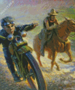 Men on Motorcycle and Horse Diamond Painting