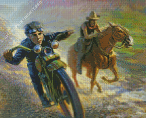 Men on Motorcycle and Horse Diamond Painting