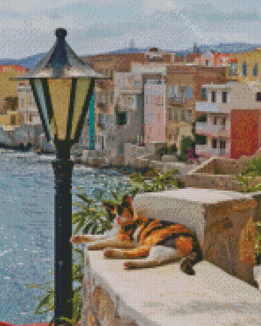 Orange Black Cat In Greece Diamond Painting