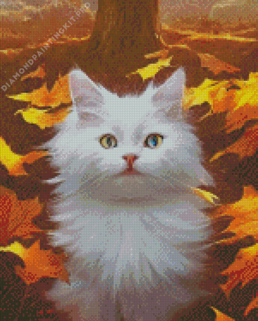 White Cat In Fall Diamond Painting