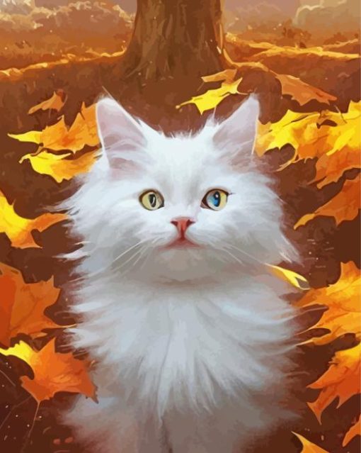 White Cat In Fall Diamond Painting