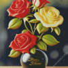 White and Red Roses Vase Diamond Painting