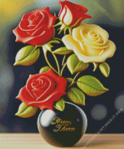 White and Red Roses Vase Diamond Painting