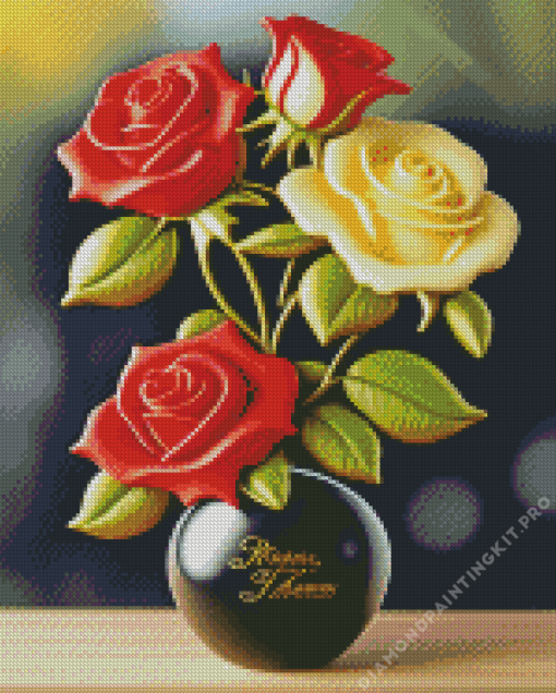 White and Red Roses Vase Diamond Painting