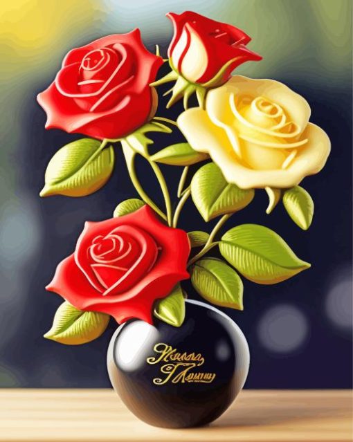 White and Red Roses Vase Diamond Painting