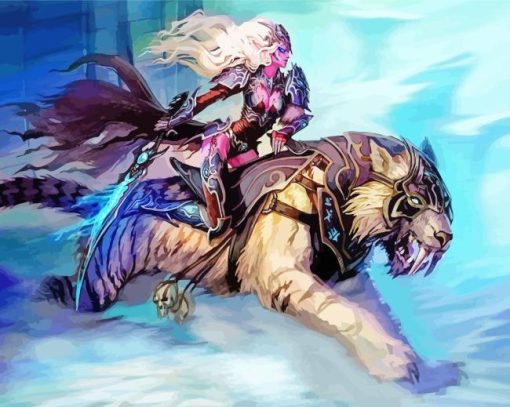 Woman Riding Saber Toothed Cat Diamond Painting