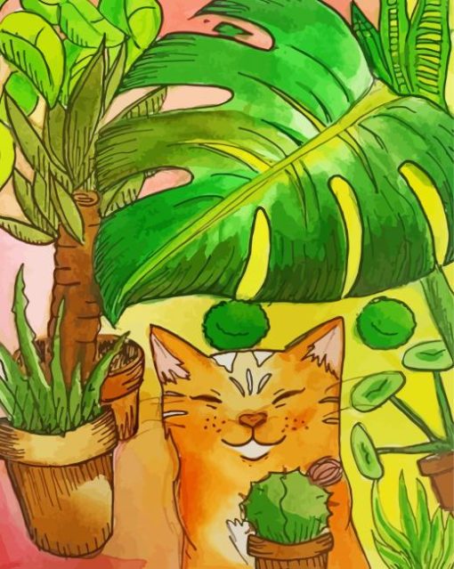 Monstera and Cat Diamond Painting