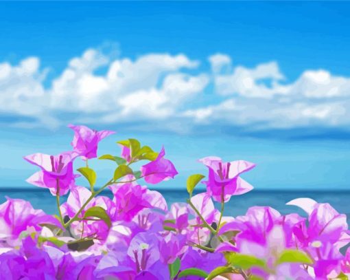 Purple Flowers With Seascape Diamond Painting