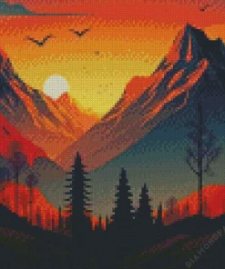 Illustration Mountain Sunrise Diamond Painting