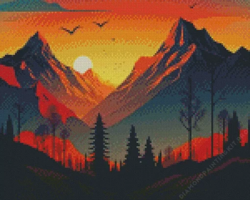 Illustration Mountain Sunrise Diamond Painting