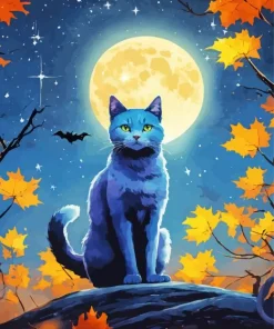 Autumn Full Moon Grey Cat Diamond Painting