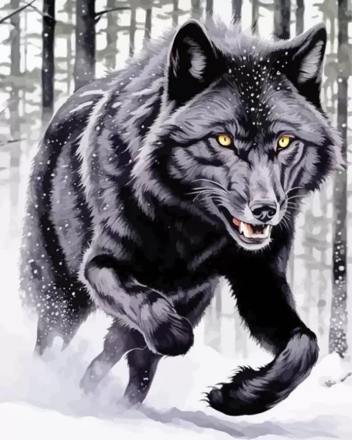 Black Wolf Art In Snow Diamond Painting