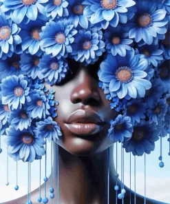 Black Woman And Blue Flowers Diamond Painting