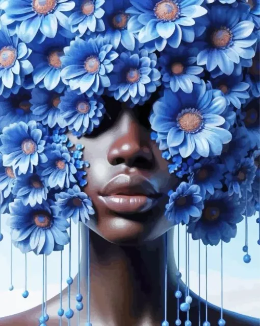 Black Woman And Blue Flowers Diamond Painting