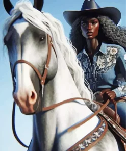 Black Cowgirl On White Horse Diamond Painting