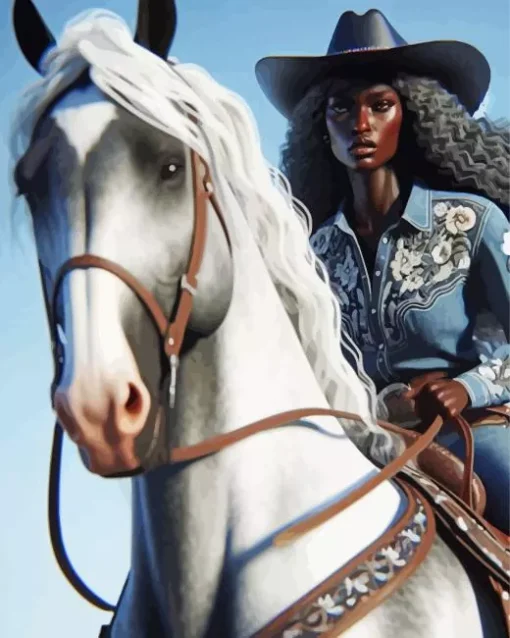 Black Cowgirl On White Horse Diamond Painting