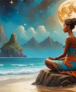 Black Woman Meditating By Sea Diamond Painting