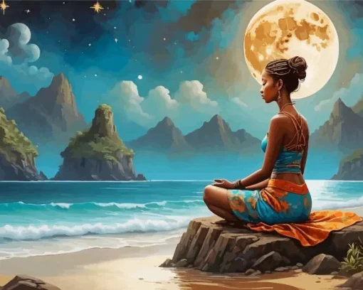 Black Woman Meditating By Sea Diamond Painting