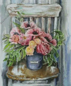 Pink Flowers In Vase On Chair Diamond Painting