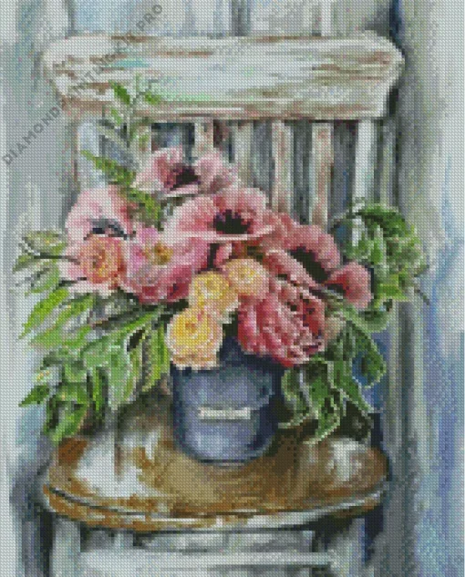 Pink Flowers In Vase On Chair Diamond Painting