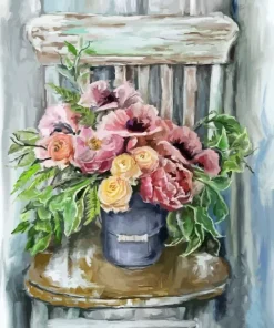 Pink Flowers In Vase On Chair Diamond Painting