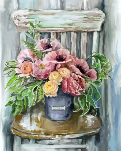 Pink Flowers In Vase On Chair Diamond Painting