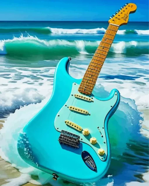 Blue Guitar In The Beach Diamond Painting