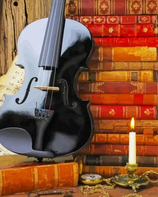 Still Life Black Violin And Books Diamond Painting