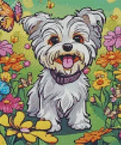 Blond Morkie And Flowers Diamond Painting