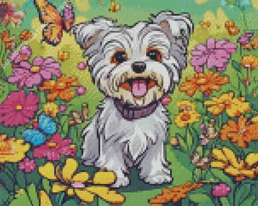 Blond Morkie And Flowers Diamond Painting