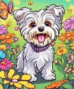 Blond Morkie And Flowers Diamond Painting