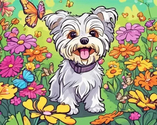 Blond Morkie And Flowers Diamond Painting