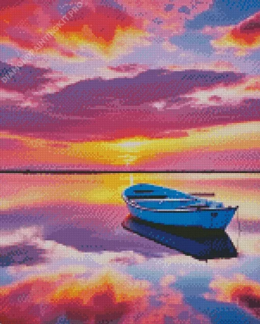 Blue Boat At Sunset Diamond Painting