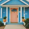 Blue House With Pink Door Diamond Painting