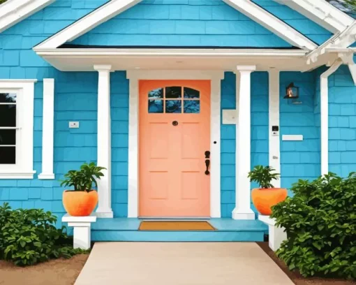 Blue House With Pink Door Diamond Painting