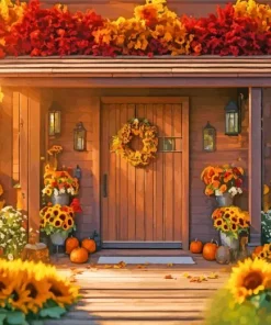 Fall Farmhouse Front Porch Flowers Diamond Painting