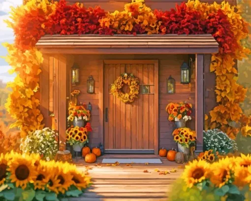 Fall Farmhouse Front Porch Flowers Diamond Painting