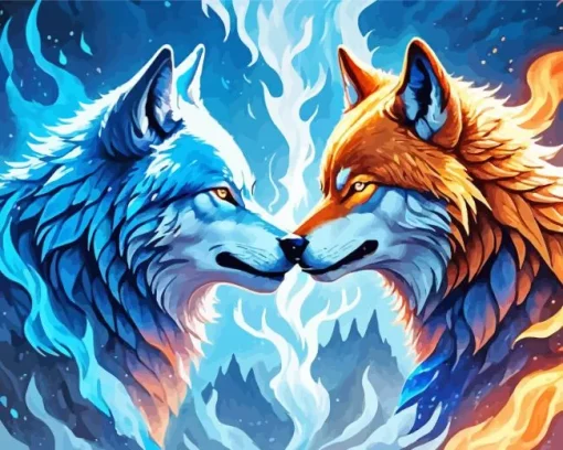 Fire And Ice Wolves Diamond Painting