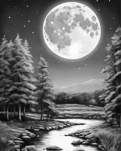 Full Moon Black And White Diamond Painting