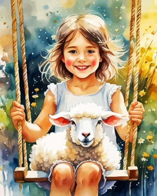 Girl And A Sheep In A Swing Diamond Painting