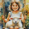 Girl And A Sheep In A Swing Diamond Painting
