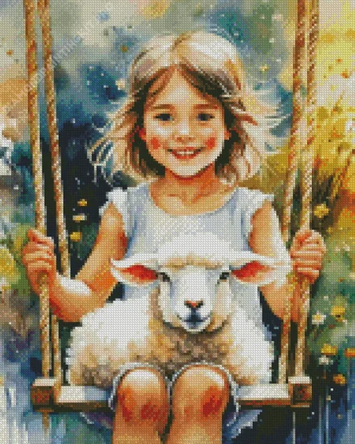 Girl And A Sheep In A Swing Diamond Painting