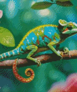 Veiled Chameleon And Flowers Diamond Painting