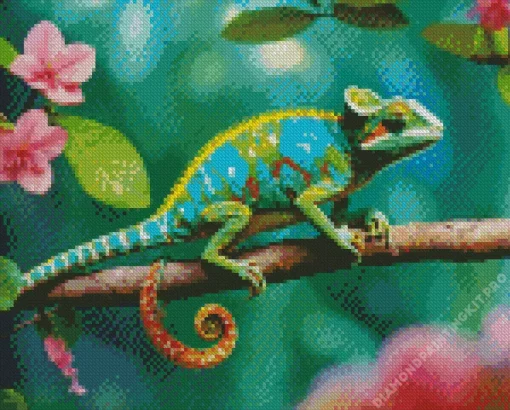 Veiled Chameleon And Flowers Diamond Painting