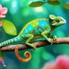 Veiled Chameleon And Flowers Diamond Painting