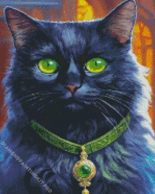 Witch Black Green Eyed Cat Diamond Painting