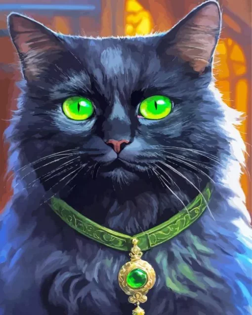 Witch Black Green Eyed Cat Diamond Painting