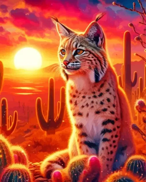 Bobcat And Cactus Diamond Painting